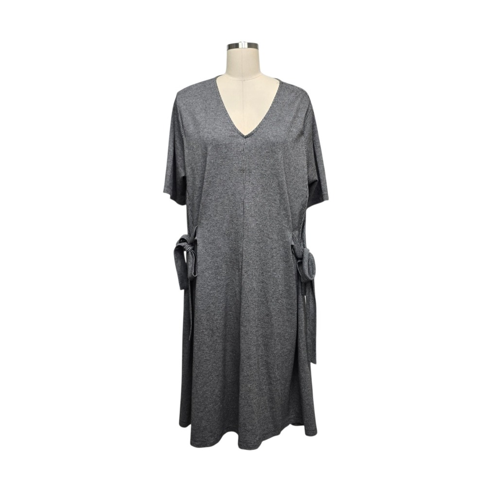 Zara Trafaluc Womens Large Houndstooth V-Neck Side Tie Midi Shift‎ Dress Gray